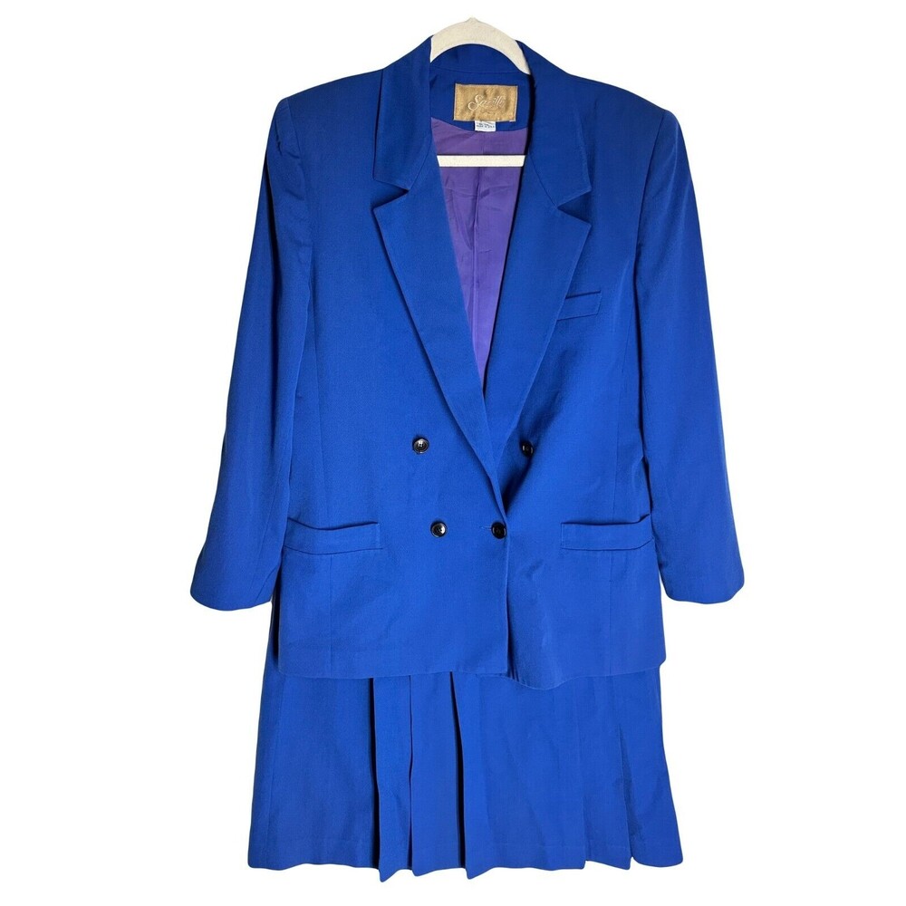 Vintage Saville Womens Double Breasted Suit Skirt Set 100% Wool Royal Blue 14